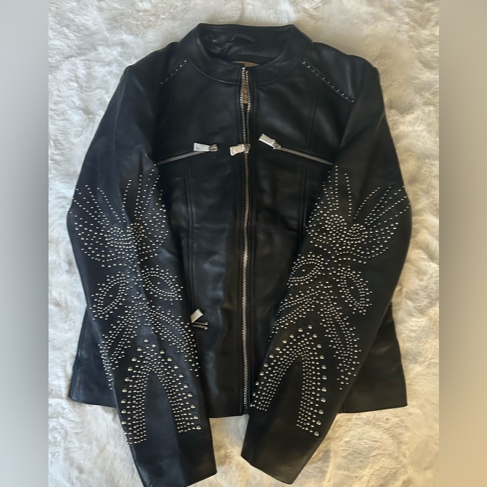 New Wilsons Leather Vintage Black Motorcycle Leather Jackets With Studs Size L